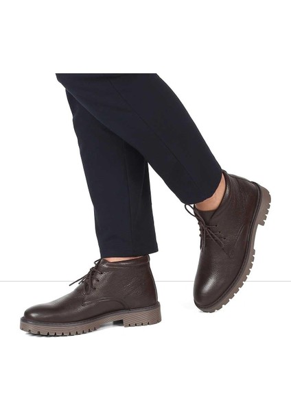 Erkek Kahverengi Bağcıklı Fermuarlı Deri Bot