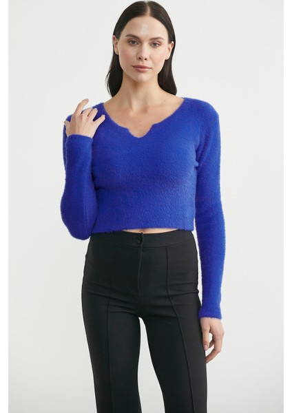 Yaka Detaylı Yumoş Crop Triko Kazak - Saks