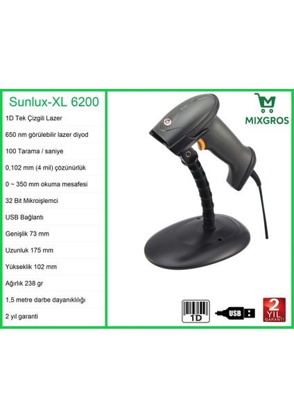 XL-6200 Lazer El Barkod Okuyucu 1d