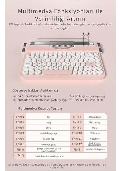 Kablosuz Bluetooth & 2.4g Çift Modlu Retro Daktilo Tasarımlı Klavye – Yuvarlak Tuşlu, Tablet & Telefon Standlı, Ergonomik, Taşınabilir, Pille Çalışan, Sessiz ve Konforlu Ajazz AF84 Pembe indirimleri