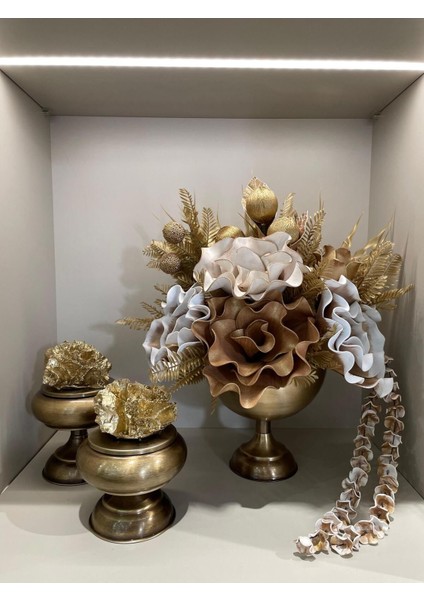 Yapay Çiçekli Antik Yuvarlak Vazo 3 Parça Set No:2