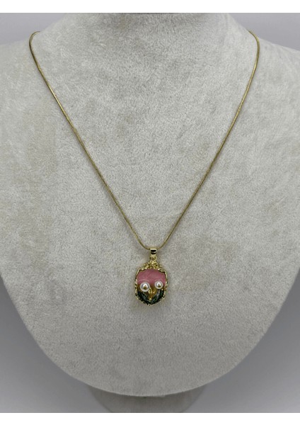Pembe ve Yeşil Renkli Çiçekli Gold Kolye