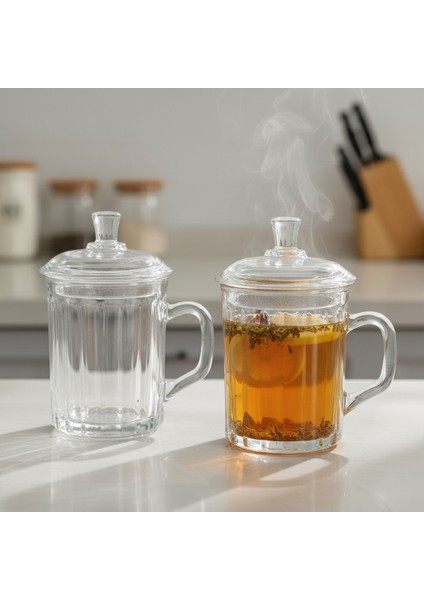 2’li Kapaklı Cam Bitki Çayı Kupası Seti - 2x 320 Ml.