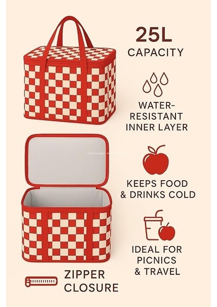 25 Lt Termos Çanta, 33X22X22 cm Piknik ve Kamp Soğutucu Çanta, Suya Dayanıklı Iç Kaplama, Geniş Hacimli Taşınabilir Soğuk Tutucu, Fermuarlı Kapaklı, Izolasyonlu Beslenme Çantası fırsatları