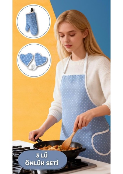 Puantiyeli Mutfak Seti 3’lü – Su Geçirmez Isıya Dayanıklı Önlük + Eldiven + Tutacak fırsatları
