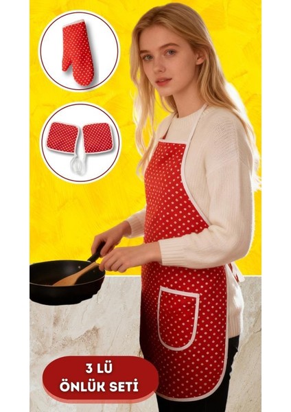 Puantiyeli Mutfak Seti 3’lü – Su Geçirmez Isıya Dayanıklı Önlük + Eldiven + Tutacak indirimleri