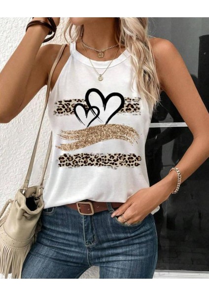 Kadın Sıfır Kol Halter Yaka Kalp Baskılı Viskon Bluz fiyatları