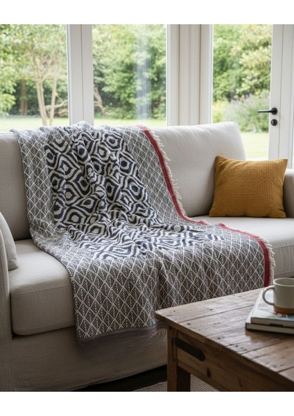 %100 Pamuk Lacivert-Kırmızı Ikat Throw- Battaniye Örtü