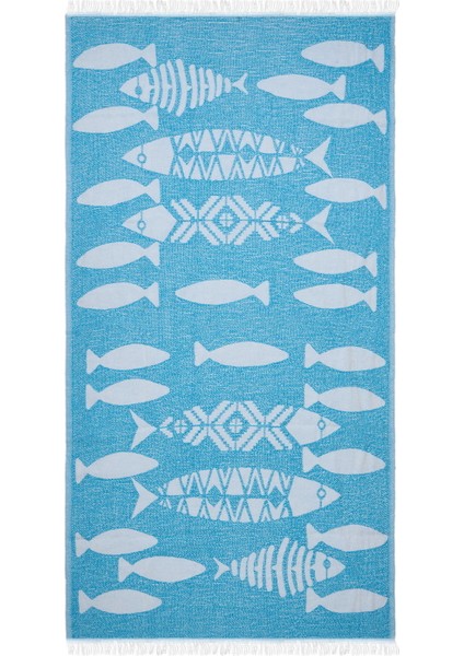 Soft Balık Desenli Peştemal - Mavi - 90X160 cm
