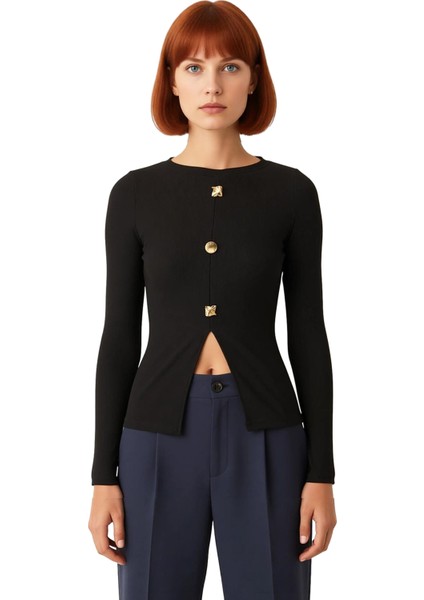 Kadın Dik Yaka Ottoman Örme Bluz Uzun Kollu Vücuda Oturan ve Düğmeli Detaylı Kaliteli Şık Rahat fiyatları