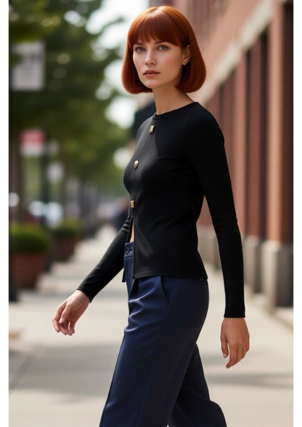 Kadın Dik Yaka Ottoman Örme Bluz Uzun Kollu Vücuda Oturan ve Düğmeli Detaylı Kaliteli Şık Rahat fırsatları