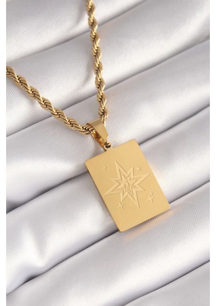 Bfs 316L Çelik Gold Renk Burgu Zincir Kutup Yıldızı Işleme Plaka Figür Kadın Kolye