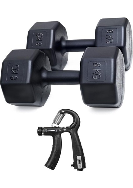 8 kg Dambıl x 2 Adet = 16 kg + Sayaçlı Ayarlanabilir El Yayı Siyah