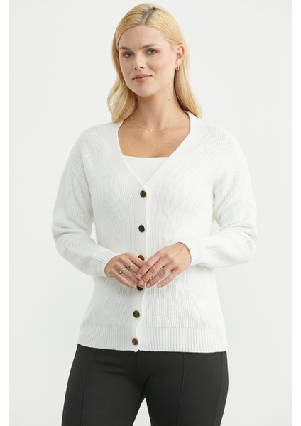 Metal Düğmeli Oversize Triko Hırka - Kemik