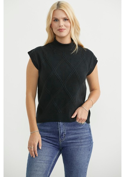 Dik Yaka Kolsuz Triko Süveter - Siyah