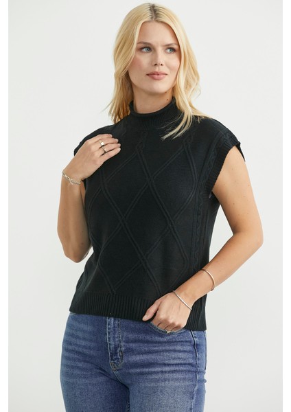 Dik Yaka Kolsuz Triko Süveter - Siyah fiyatları