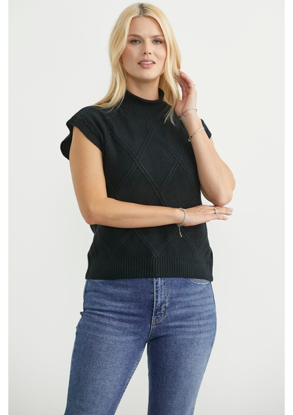 Dik Yaka Kolsuz Triko Süveter - Siyah modelleri