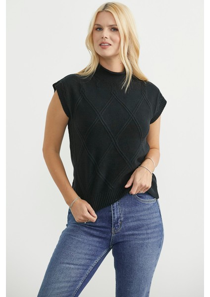 Dik Yaka Kolsuz Triko Süveter - Siyah fırsatları