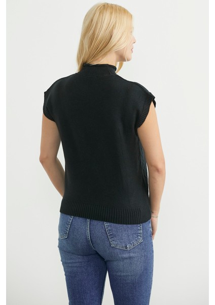 Dik Yaka Kolsuz Triko Süveter - Siyah indirimleri