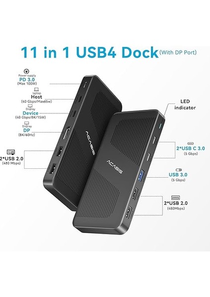 11 In 1, 40GBPS Usb4, 1xdp 8k 60Hz, 1xtype-C 40 GBPS(8K60 Veya 2X4K60), 2xtype-C 5gbps, 1xtype-A Usb3.0, 4xusb2.0 Type-A, 100W Pd, Aluminyum Kasa, Windows ve Mac Os Uyumlu Usb4 Docking Statio fiyatları