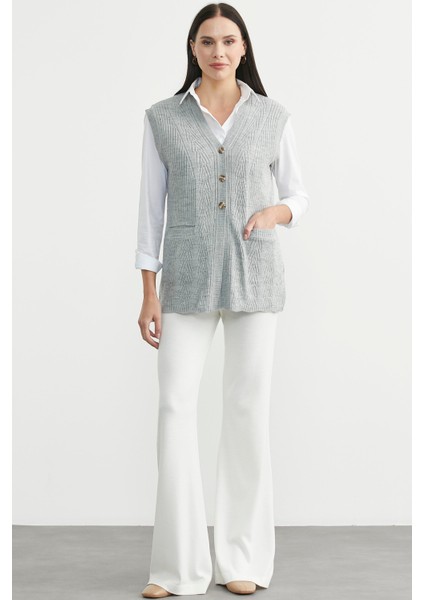 Cepli Düğmeli Triko Yelek - Açık Gri