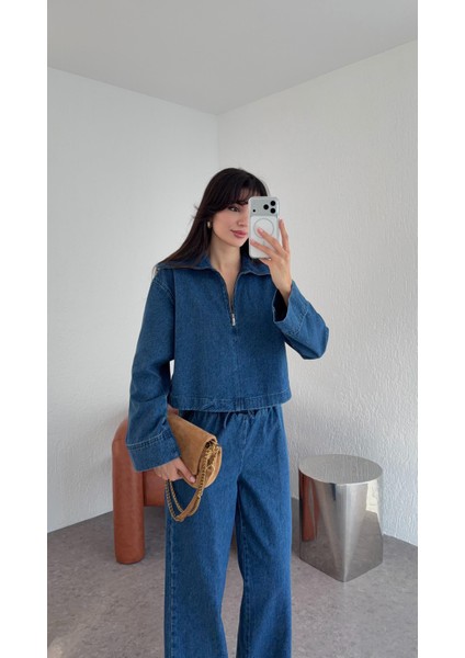 Fermuarlı Denim Bluz