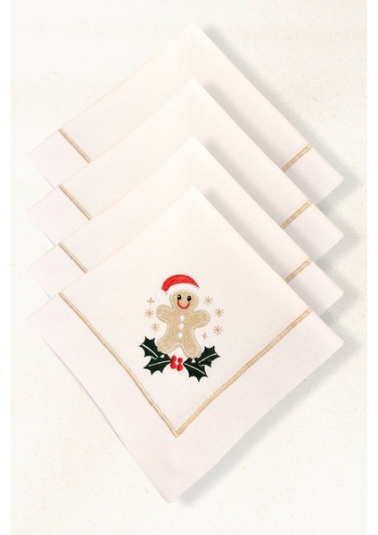 Kurabiye Nakışlı Leke Tutmaz Kumaş Peçete Seti (4’lü) – 45X45 cm | Yılbaşı Sofra Seti