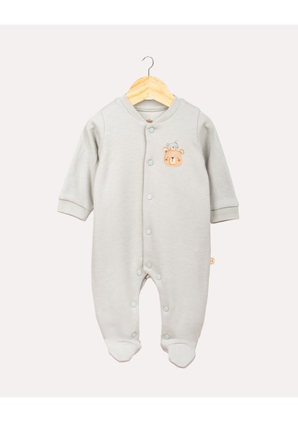 %100 Organik Pamuk Gots Sertifikalı Patikli Çıtçıtlı Teddy Bebek & Yenidoğan Tulum - Mint / Ayıcık Desenli