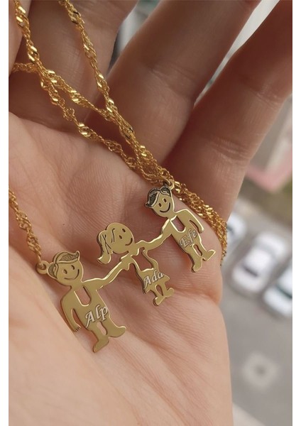 925 Ayar Gümüş 24 Ayar Altın Kaplama 3 Kişilik Aile Kolye