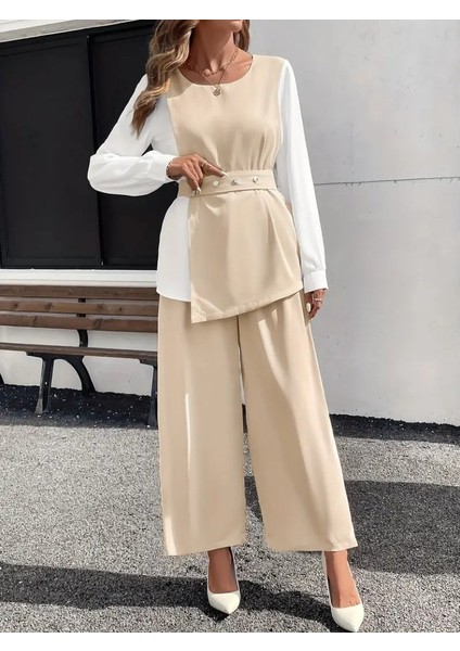 Kadın Uzun Kollu Açık Yakalı Çift Renkli Kemerli Ithal Krep Ikili Takım