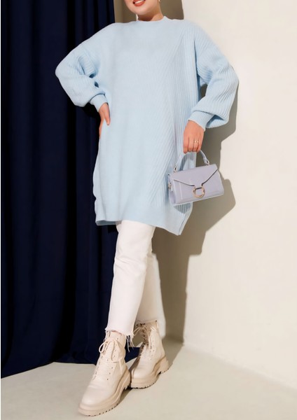 Kabartma Asimetrik Çizgili Uzun Kollu Triko Tunik fırsatları