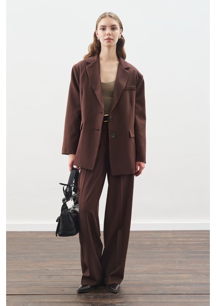 Pile Detaylı Düz Kesim Pantolon Acı Kahve modelleri