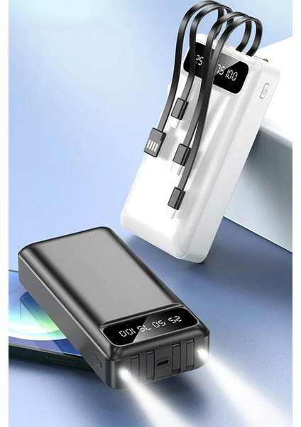 30000 Mah Kendinden Kablolu Powerbank Dijital Göstergeli LED Fener Hızlı Şarj Taşınabilir Şarj Cihazı