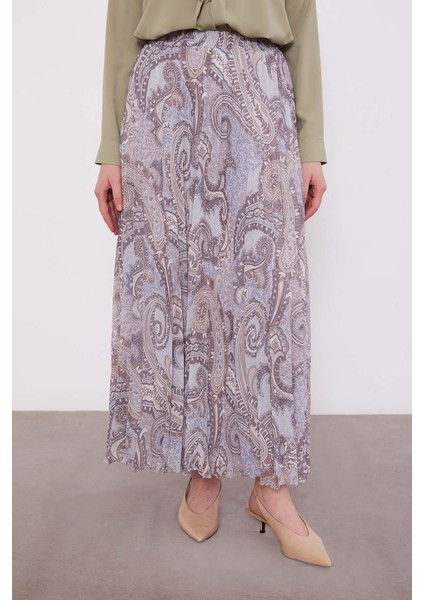 Gri Etnik Desen Piliseli Etek