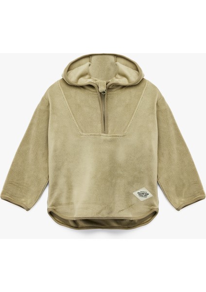 Uzun Kollu Yarım Fermuarlı Polar Kapşonlu Sweatshirt