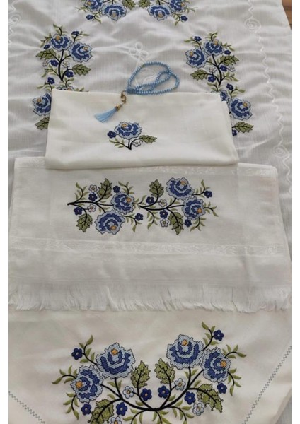 Kanaviçe Işlemeli Bohça Seti Çiçek Mavi