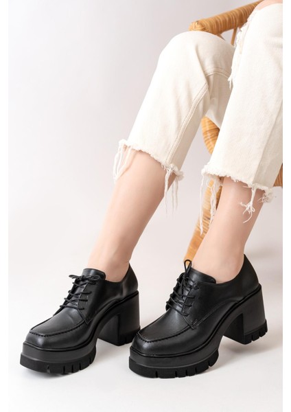 Kadın Cilt Siyah Bağcıklı 8 cm Topuklu Platformlu Ayakkabı Siyah fiyatları