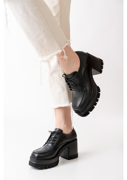 Kadın Cilt Siyah Bağcıklı 8 cm Topuklu Platformlu Ayakkabı Siyah modelleri