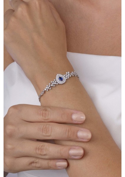 Hürrem Sultan Modeli Safir Taşllı Damla Motifli 925 Ayar Gümüş Bileklik