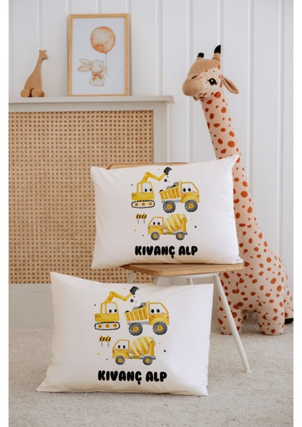 %100 Pamuk Isme Özel 2li Ekru Bebek Yastık Kılıfı 35X45 Cm-Kamyonlar