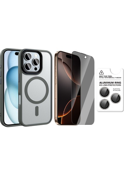 iPhone 16 Pro Max Kılıf Mat Arka Yüzey Wireless Şarj Özellikli Zore Flet M-Safe Kapak + Safir Kamera Lens + Hayalet Ekran Koruyucu