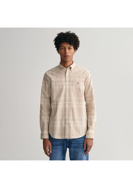 Erkek Bej Regular Fit Düğmeli Yaka Kareli Keten Gömlek