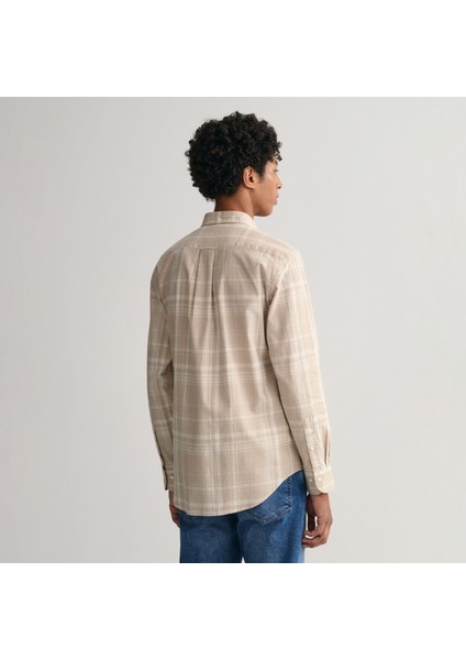 Erkek Bej Regular Fit Düğmeli Yaka Kareli Keten Gömlek fiyatları