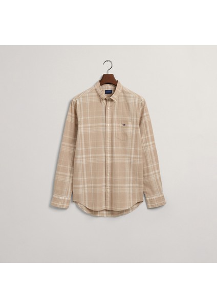 Erkek Bej Regular Fit Düğmeli Yaka Kareli Keten Gömlek modelleri