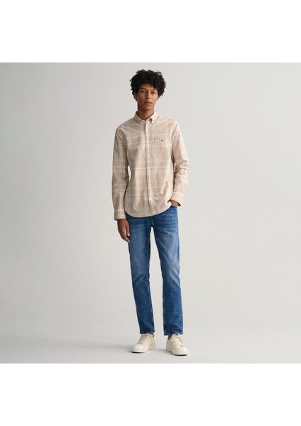 Erkek Bej Regular Fit Düğmeli Yaka Kareli Keten Gömlek fırsatları