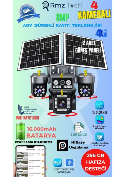 4 Kameralı 8mp E-Sim Çift Solar Panel | 4g Aov Ptz Kamera | Gece Renkli Görüş | Hieasy Ztech Z7 Plus
