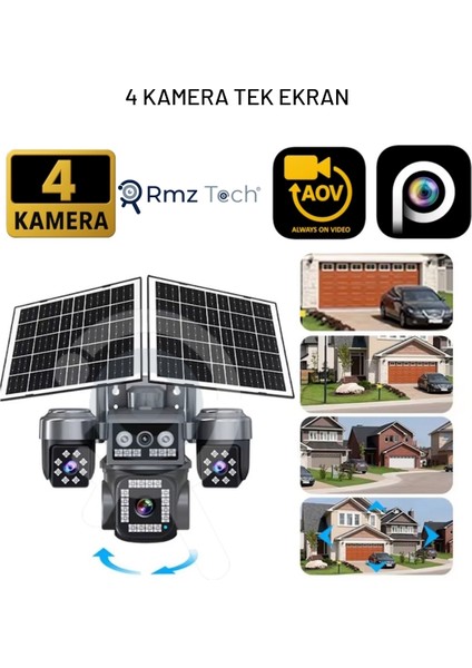 4 Kameralı 8mp E-Sim Çift Solar Panel | 4g Aov Ptz Kamera | Gece Renkli Görüş | Hieasy Ztech Z7 Plus