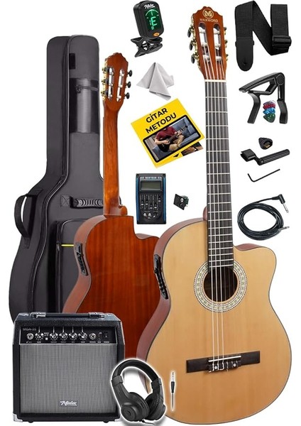 X50-EQ-AMP Profesyonel Masif Ağaç Amfili Elektro Klasik Gitar Seti Üst Segment