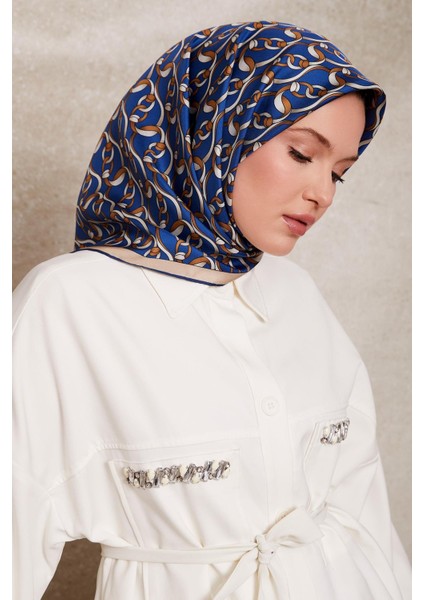 Mavi Zincirli Desenli Twill Ipek Eşarp