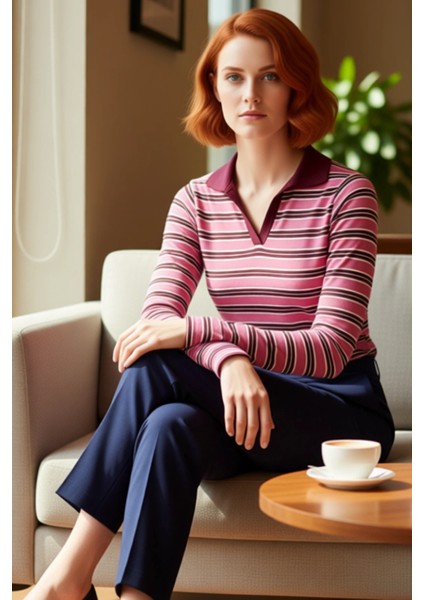 Genç Kız Vücuda Oturan Çizgili Polo Yaka Uzun Kollu Üst Kaliteli Şık Rahat Modern Zarif Günlük